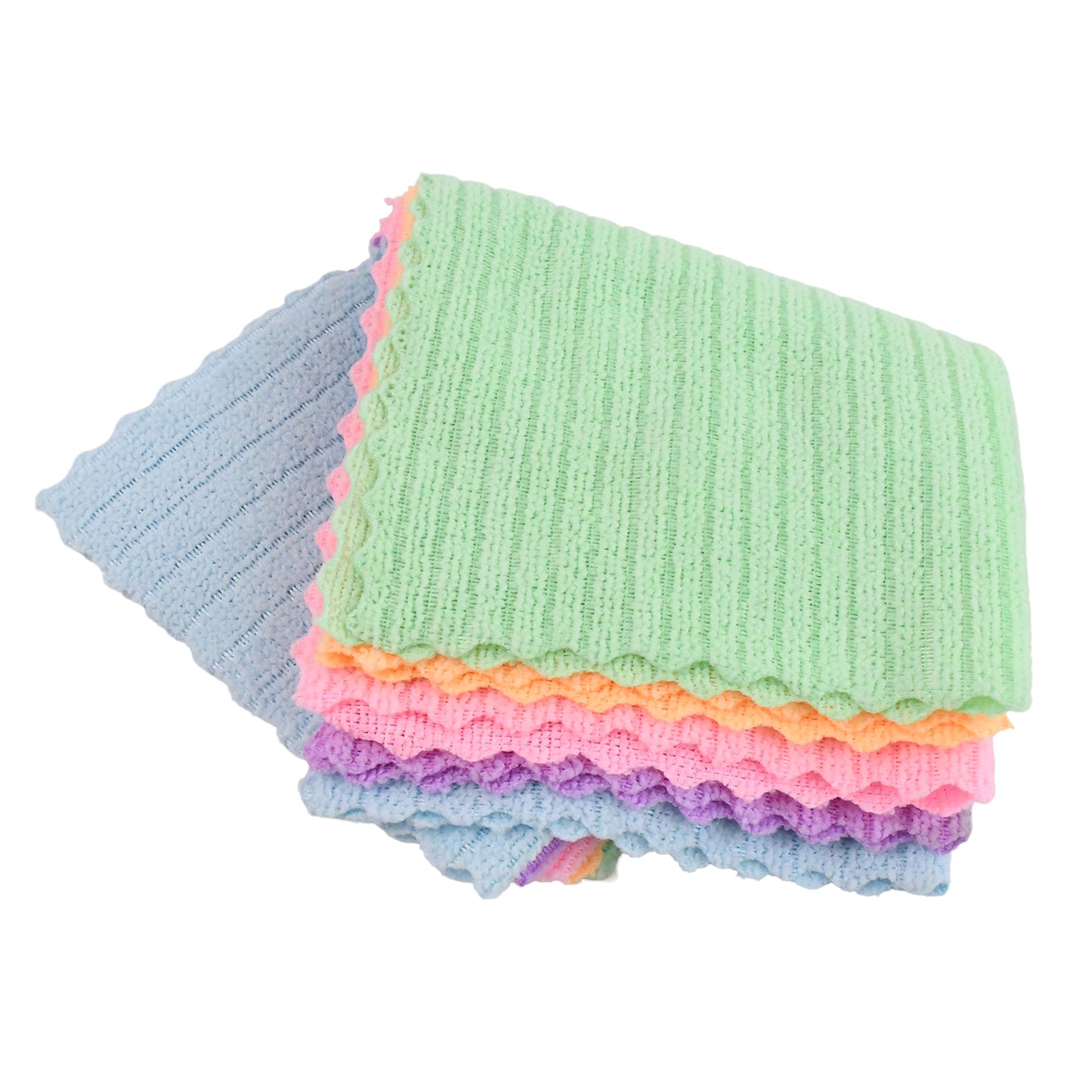 Pack of 5 Wukusy microfiber cleaning cloths, super absorbent for home and kitchen cleaning tasks, shown in the image.