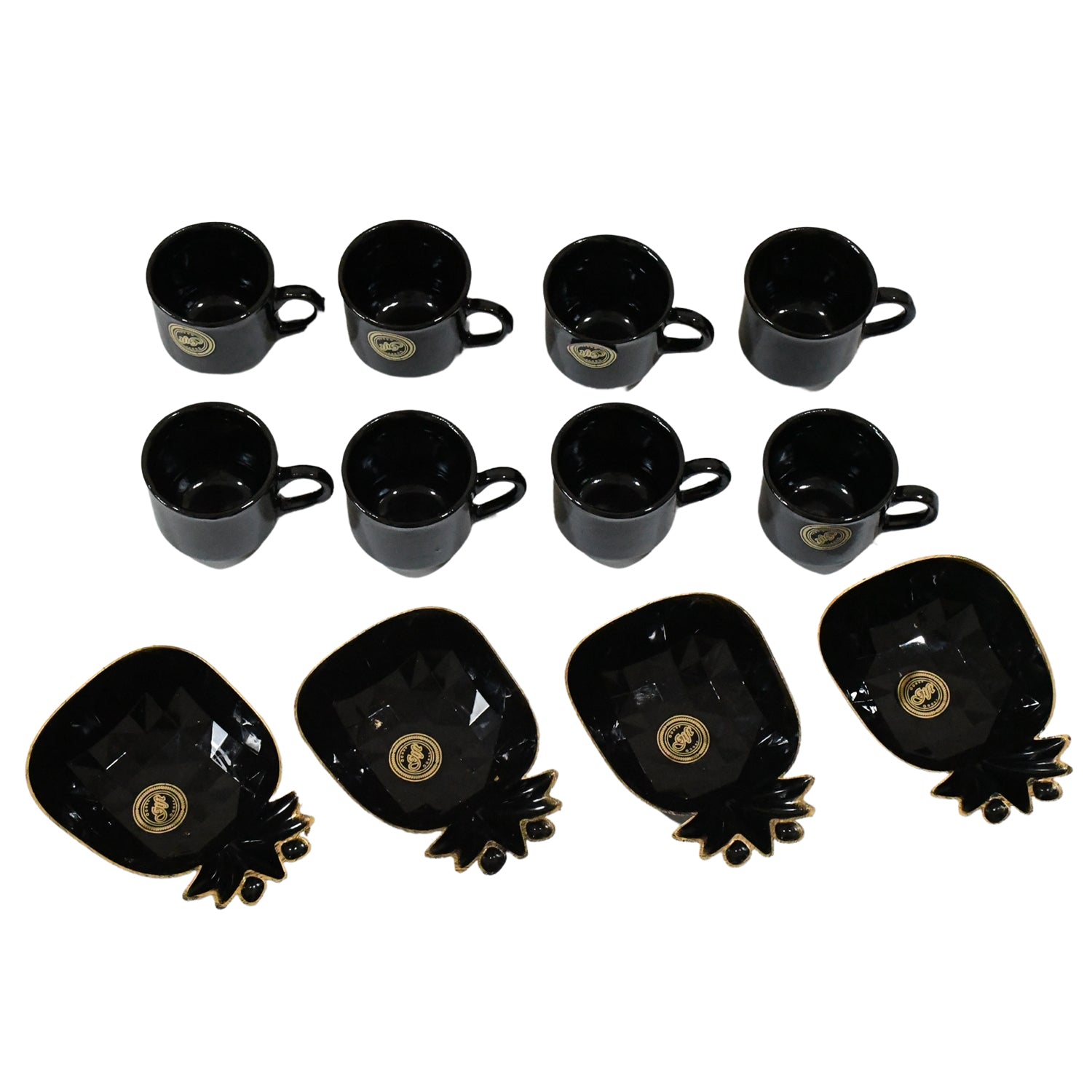 Wukusy Pine Junction ceramic tea cups and mugs set with pineapple-shaped serving bowl, 12-piece home and kitchen tableware set.