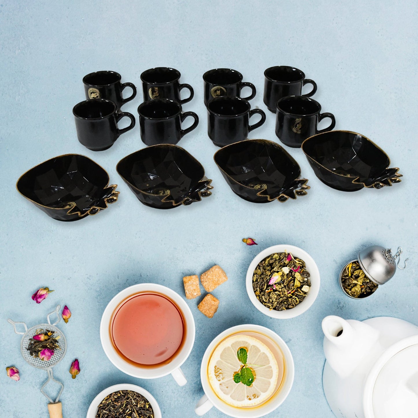 Wukusy Pine Junction ceramic tea cups and mugs set with pineapple-shaped serving bowl, 12-piece home and kitchen dinnerware.
