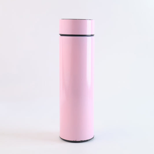 Pink vacuum insulated water bottle by Wukusy, 500ml, in a sleek design, perfect for keeping drinks hot or cold.