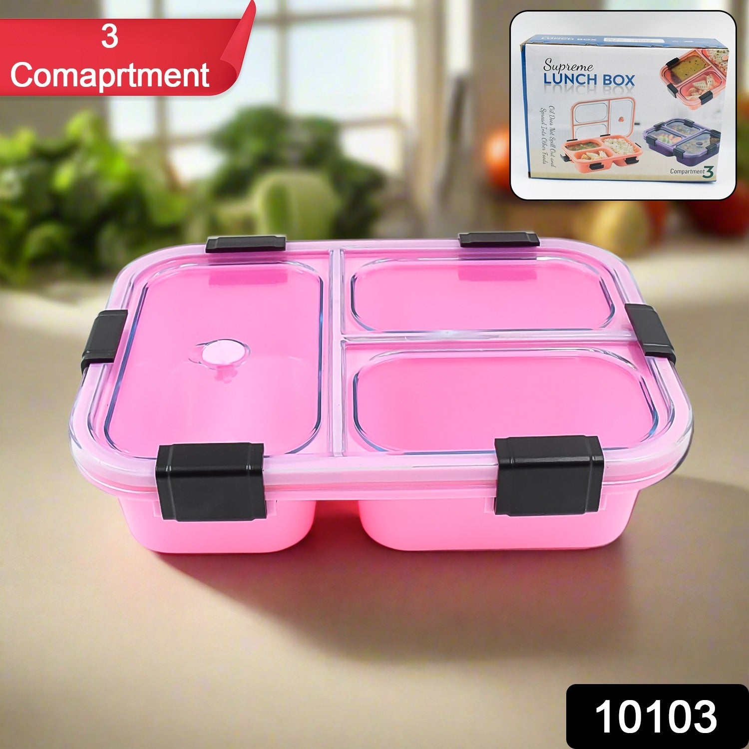 Wukusy plastic 3-compartment insulated lunch box for home and kitchen storage, featuring separate sections for food.