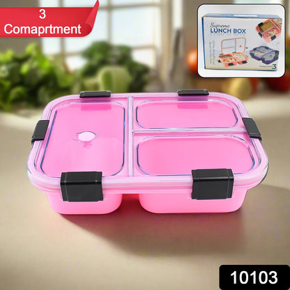 Wukusy plastic 3-compartment insulated lunch box for home and kitchen storage, featuring separate sections for food.