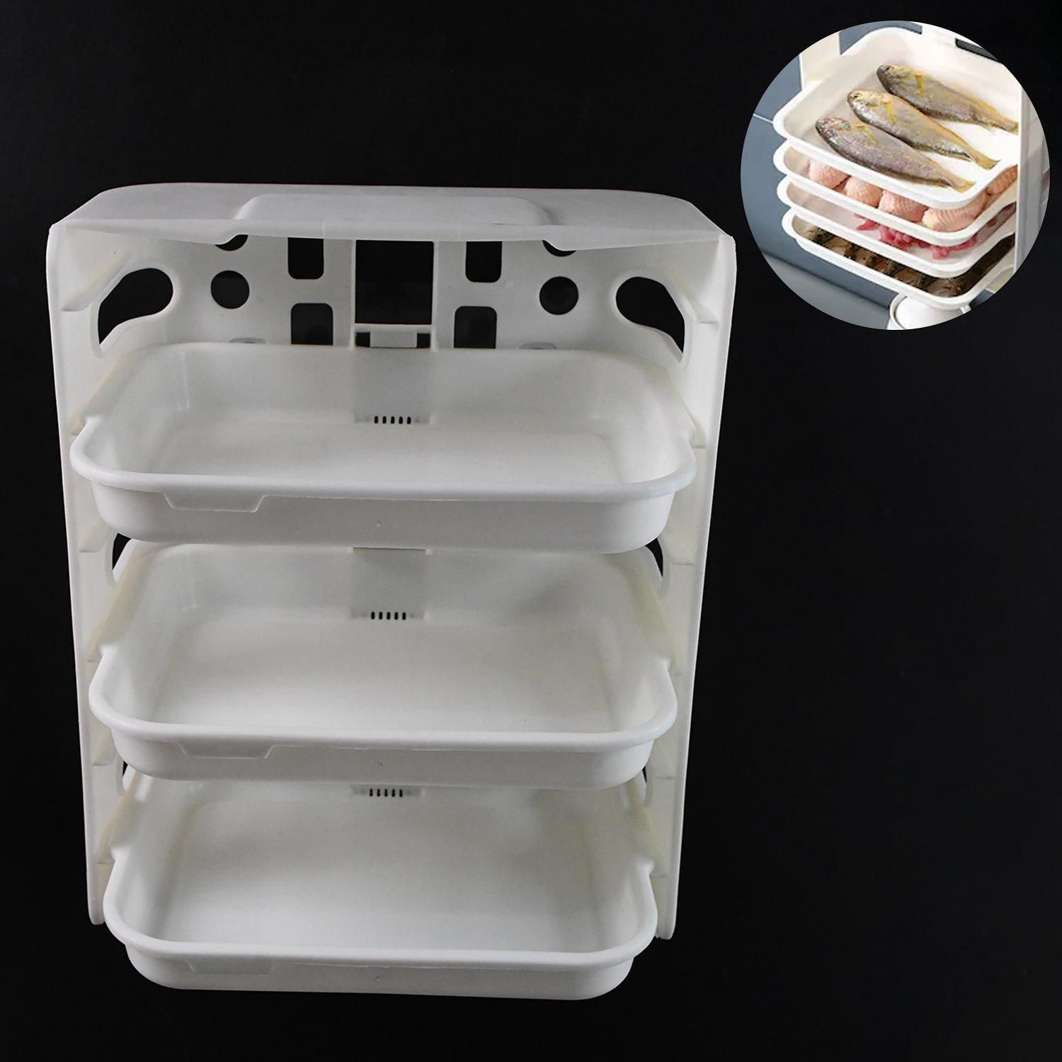 Wukusy plastic 3-layer wall-mounted food organizer rack for kitchen storage, featuring multiple compartments for pantry organization.