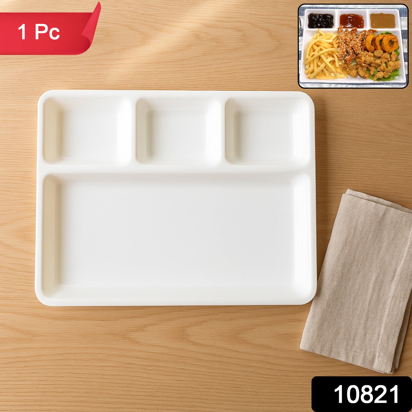 White plastic 4-compartment rectangular meal serving tray from Wukusy, ideal for home and kitchen use.