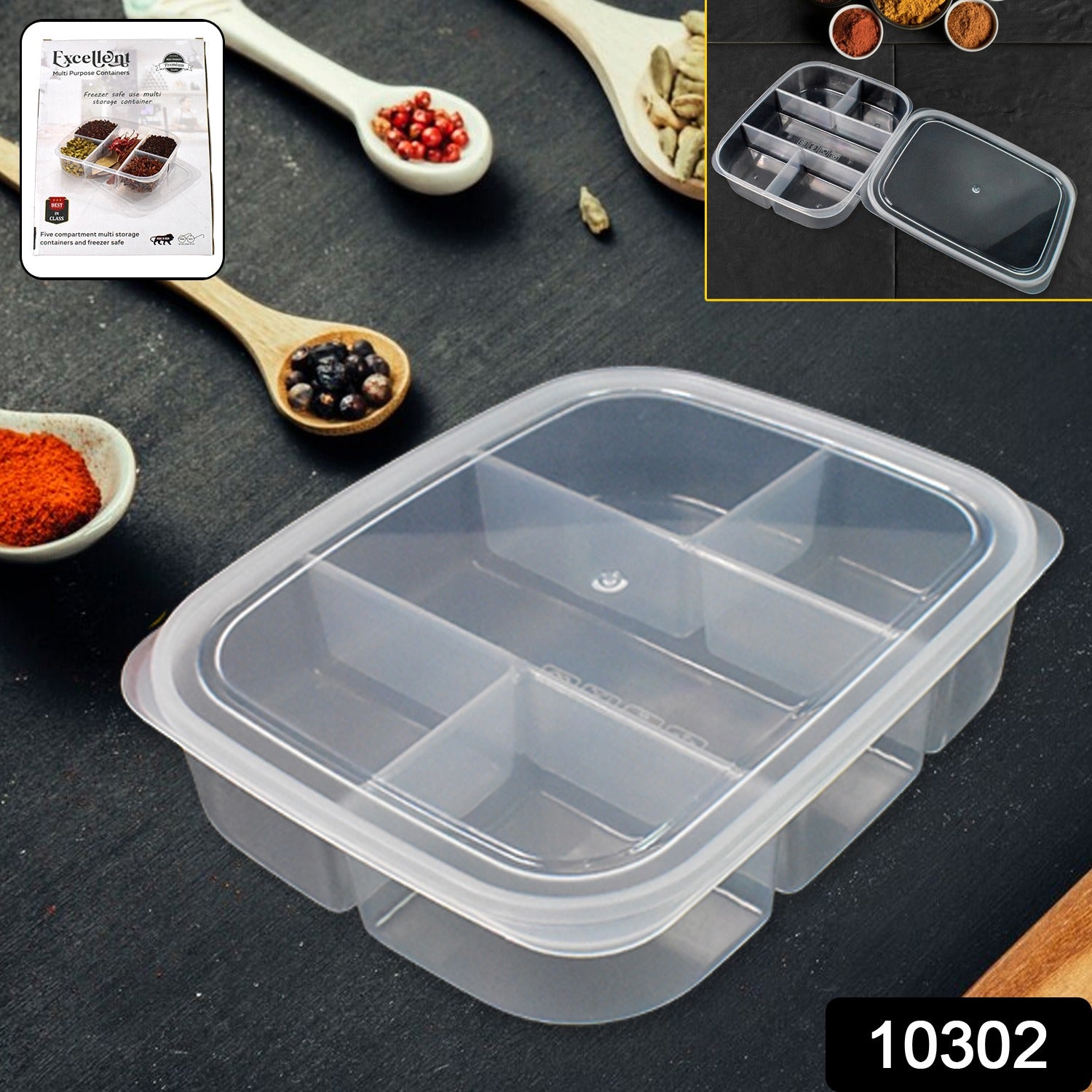 Wukusy plastic 5-compartment reusable lunch box for home and kitchen use, with secure lid and multiple sections for food storage