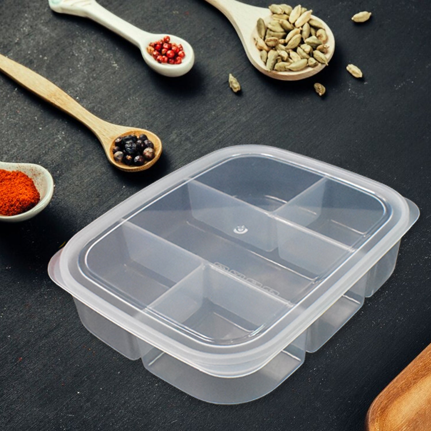Wukusy plastic 5-compartment reusable lunch box for home and kitchen use, with separate sections for organized meal storage.