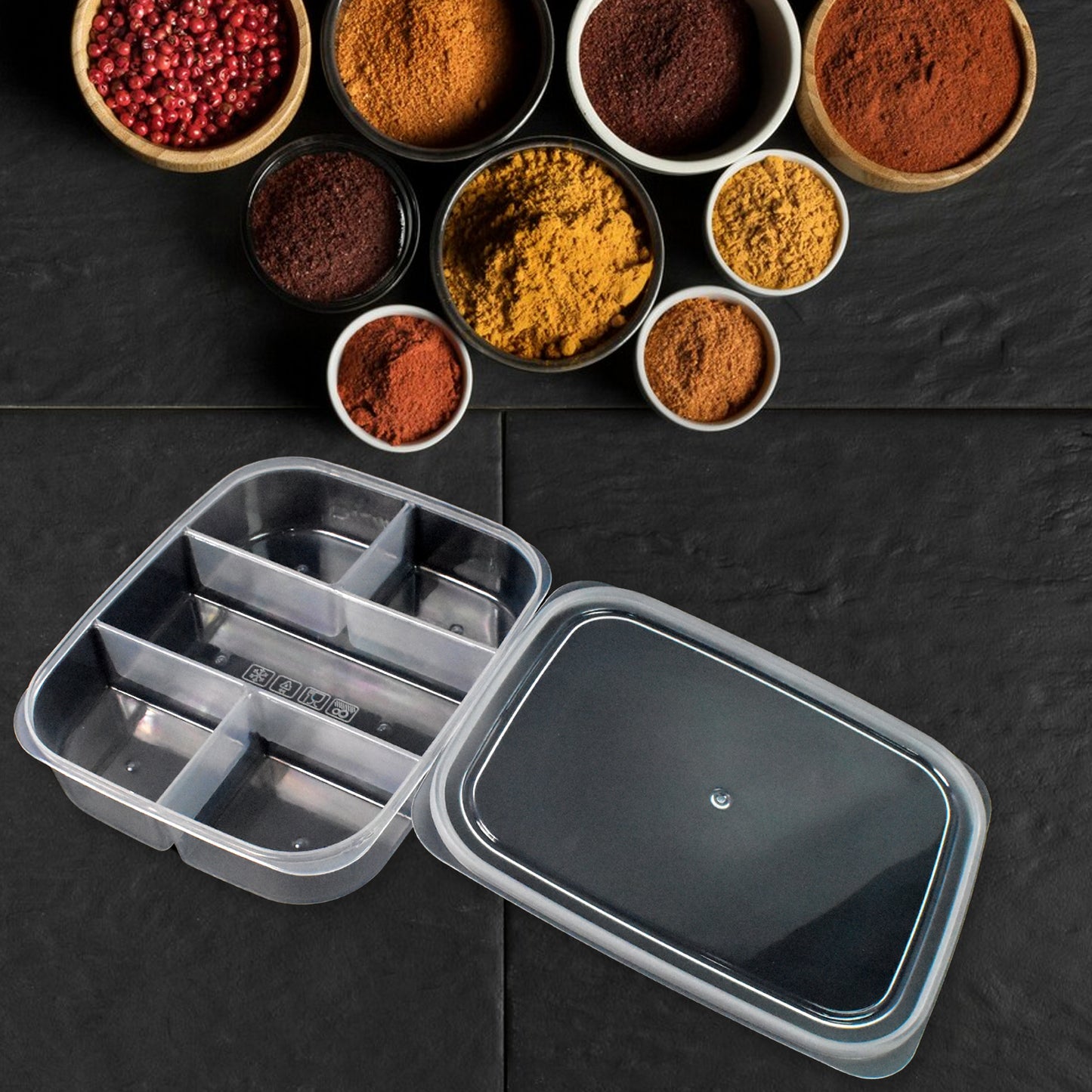 Wukusy plastic 5-compartment reusable lunch box for home and kitchen use, with multiple sections for organized meal storage.