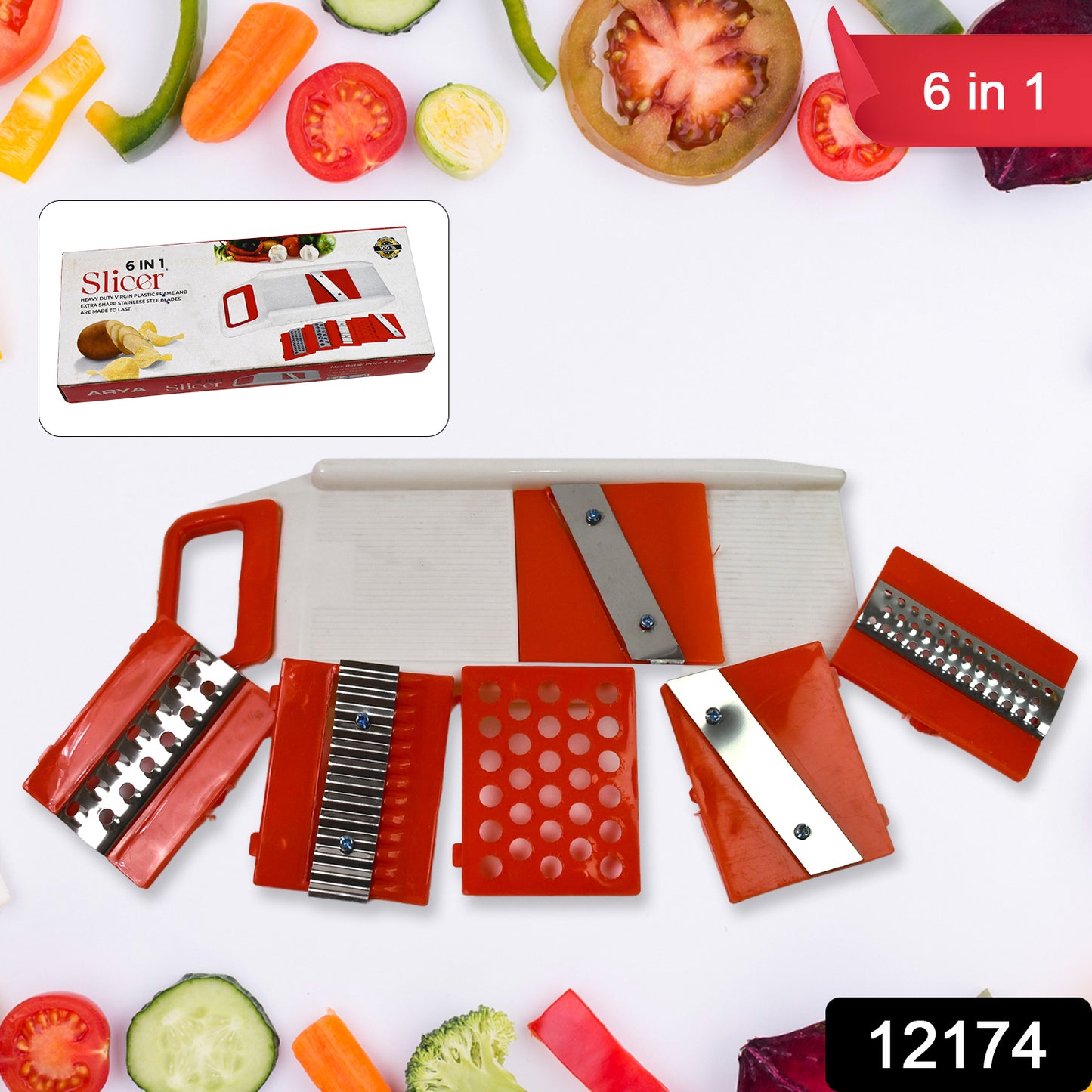 Wukusy plastic 6-in-1 vegetables slicer, cutter, dicer, and grater set for home kitchen use, shown with various blades and vegetables.
