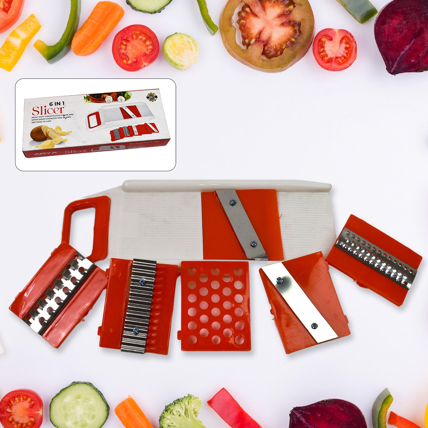 Wukusy 6-in-1 plastic vegetable slicer, cutter, dicer, and grater set for home kitchen use with multiple blades and attachments.