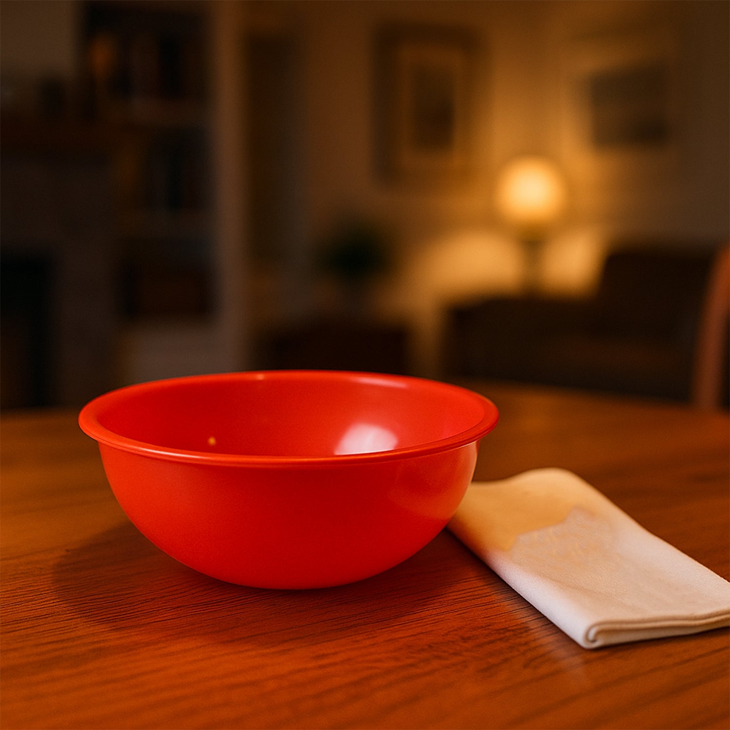 Red plastic 6-inch round deep serving bowl by Wukusy, perfect for serving salads, sides, or snacks in the kitchen.