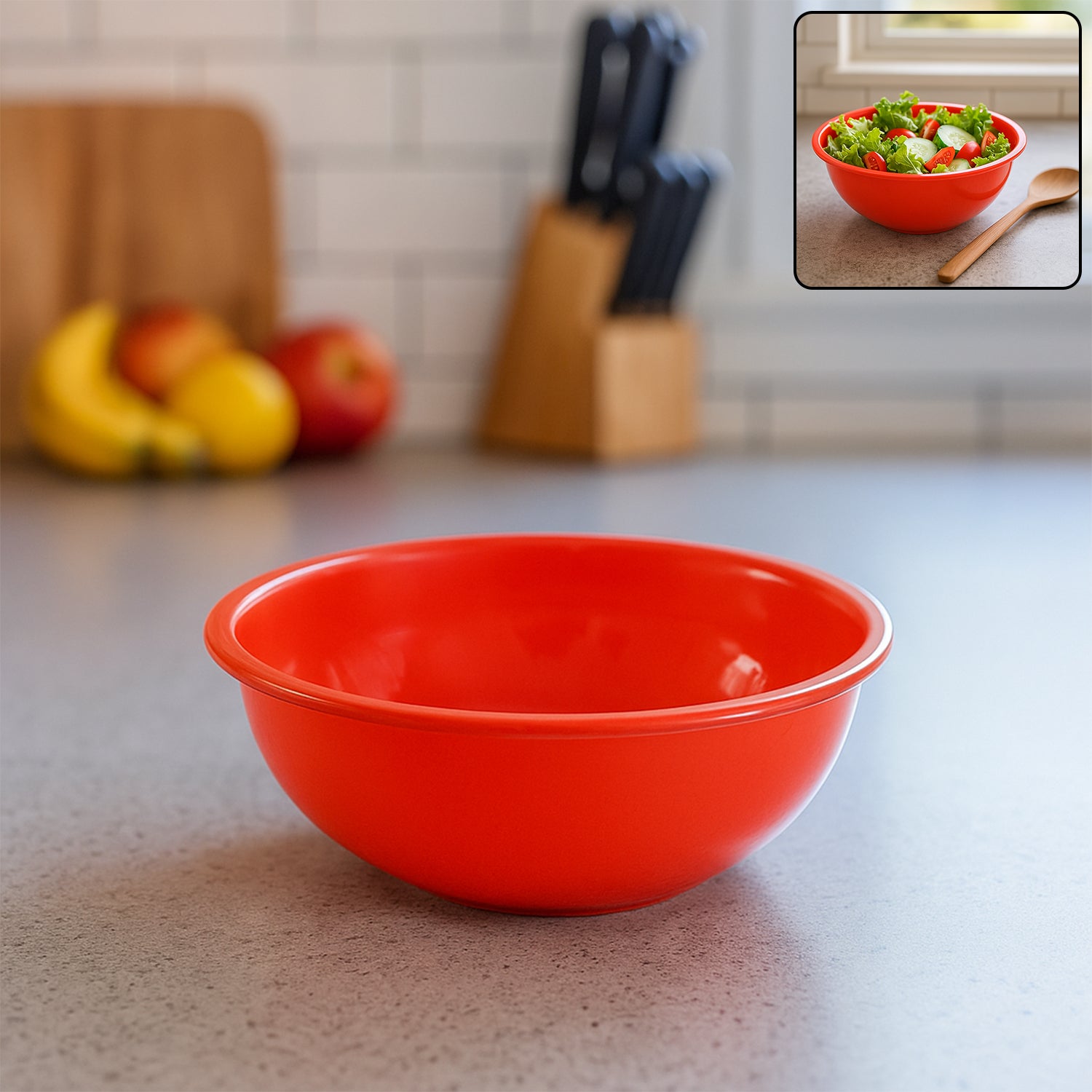Red plastic 6-inch round deep serving bowl by Wukusy, perfect for home and kitchen use in a vibrant, durable design.