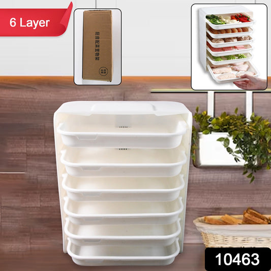 Plastic 6-layer wall-mounted food organizer rack by Wukusy for kitchen storage, featuring multiple adjustable shelves for pantry organization.