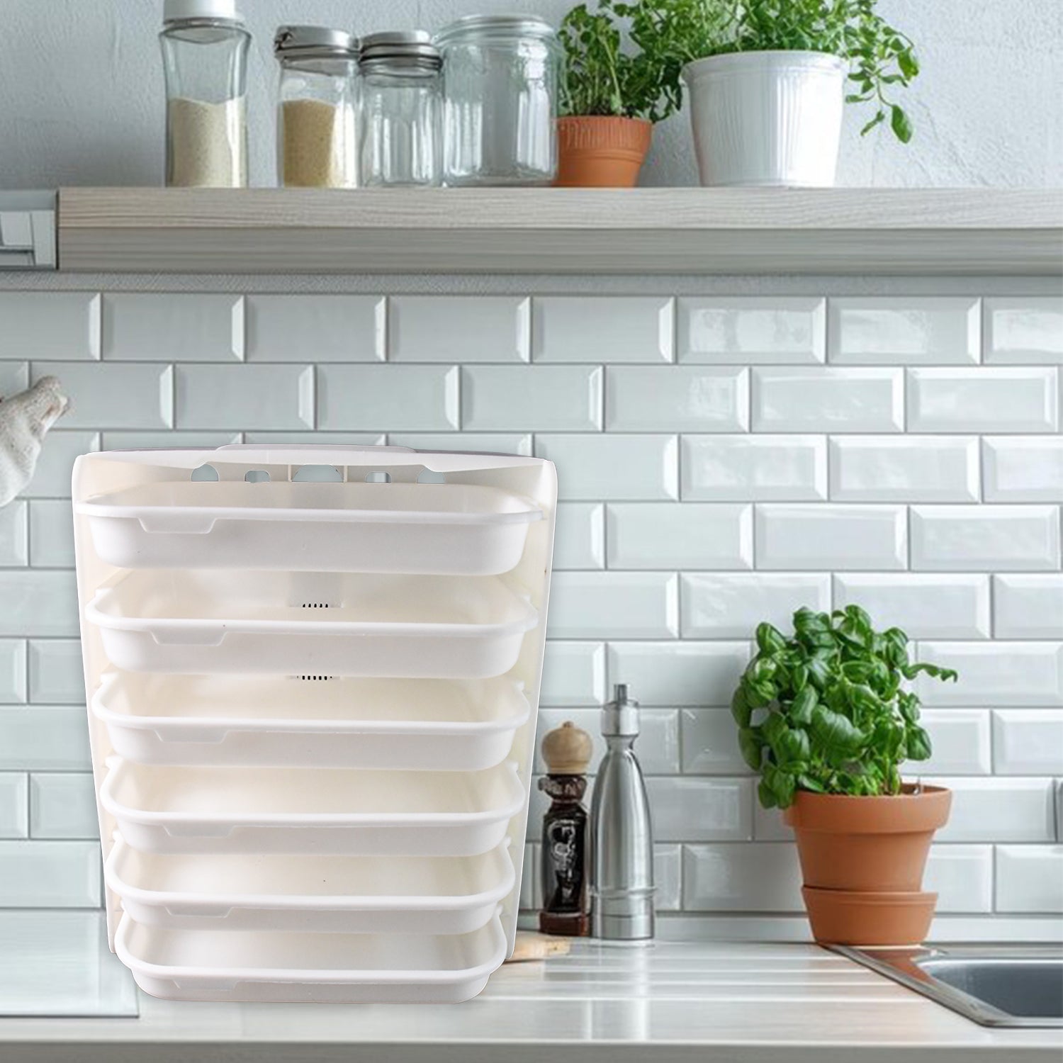 Wukusy plastic 6-layer wall-mounted food organizer rack for kitchen storage and organization.