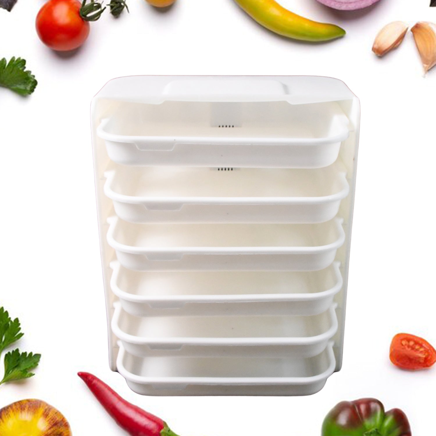 Plastic 6-layer wall-mounted food organizer rack by Wukusy, ideal for kitchen storage and organization.