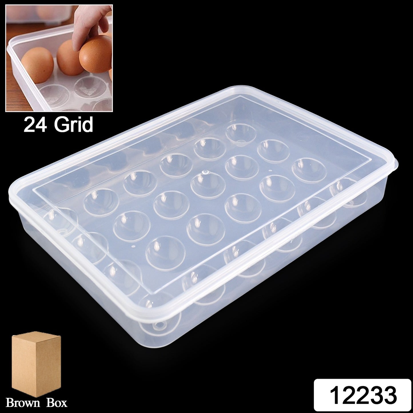 Wukusy plastic egg storage container for refrigerator, holds 24 eggs in a durable kitchen egg tray.