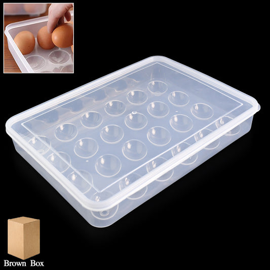 Wukusy plastic egg storage container holder for refrigerator, holds 24 eggs in a clear tray for organized kitchen storage.