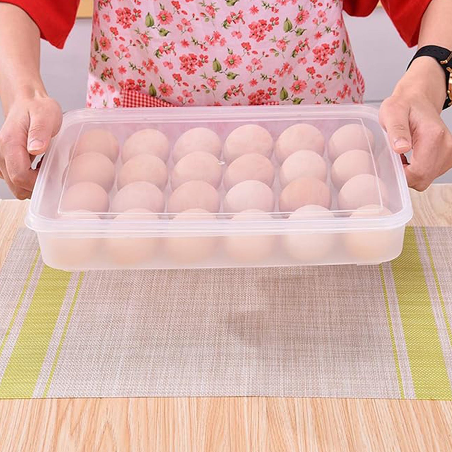 Wukusy plastic egg storage container for refrigerator, holds 24 eggs, kitchen organizer, durable egg tray for home use