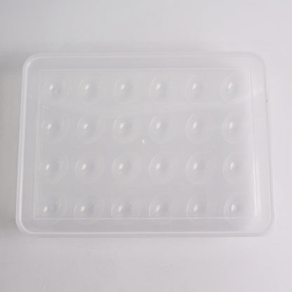 Wukusy plastic egg storage container for refrigerator, holds 24 eggs, kitchen organizer, clear plastic tray with lid.
