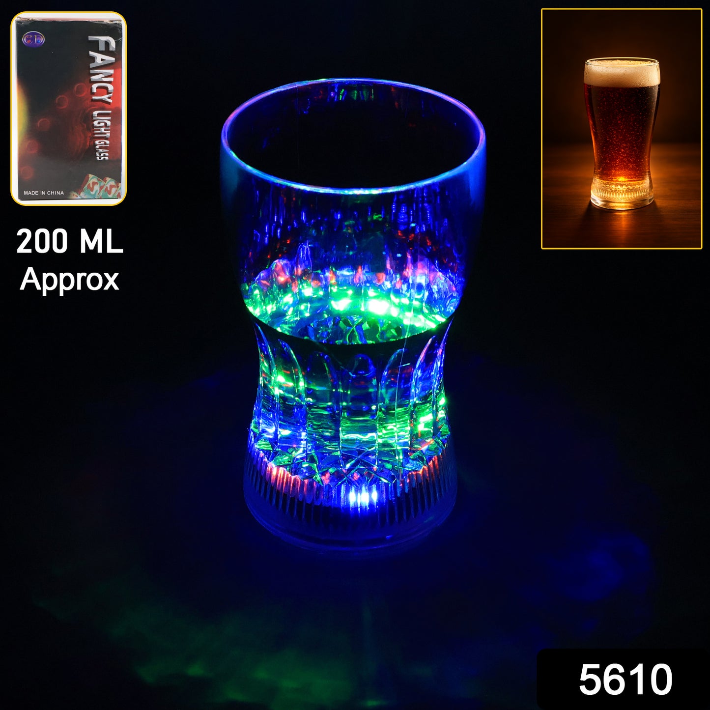 Plastic fancy LED light glass from Wukusy, 200 ml, decorated with colorful LED lighting for home and kitchen décor.