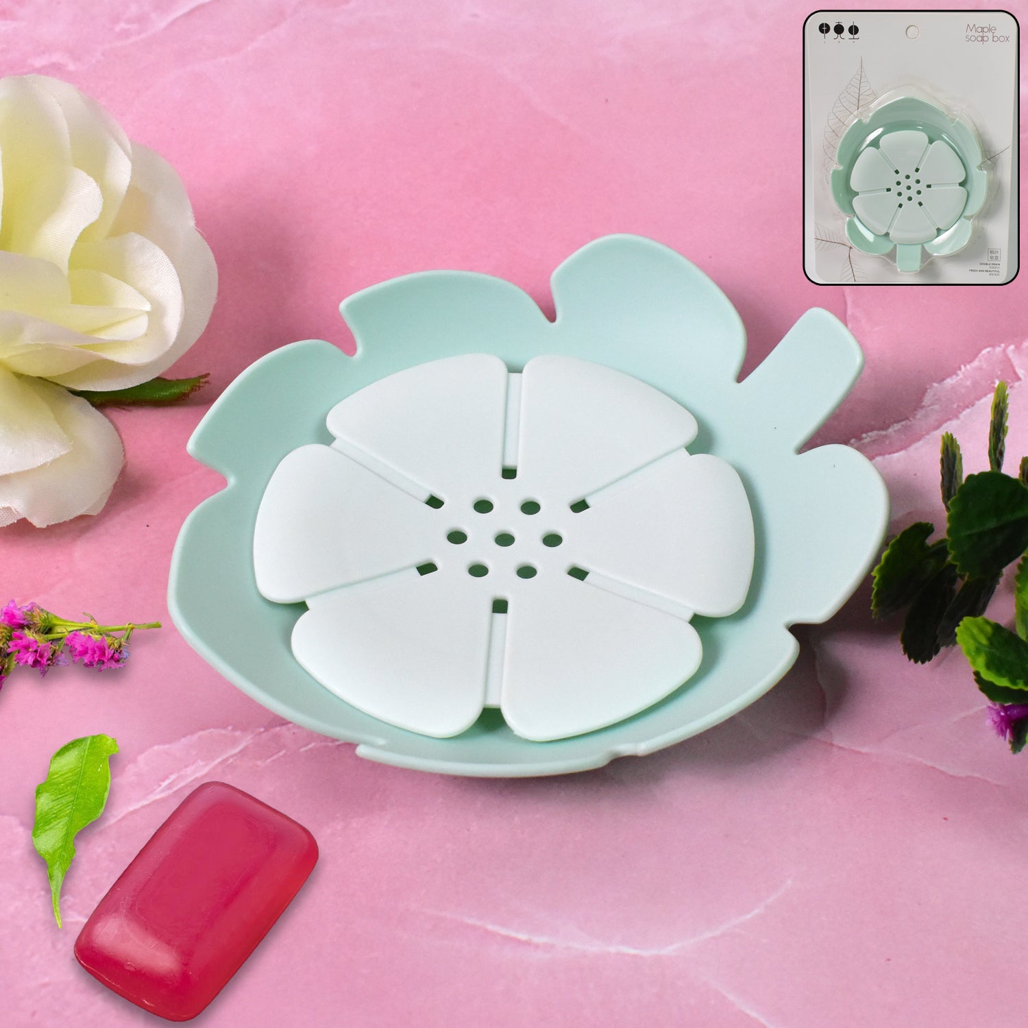 Plastic flowers soap dish from Wukusy bathroom accessories set, ideal for stylish shower and bathroom organization.