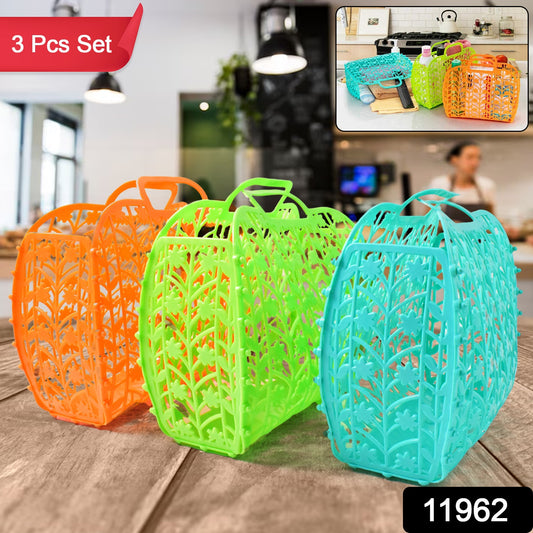 Wukusy plastic foldable storage baskets set of 3 in multicolor for fruit and vegetable organization in home and kitchen.