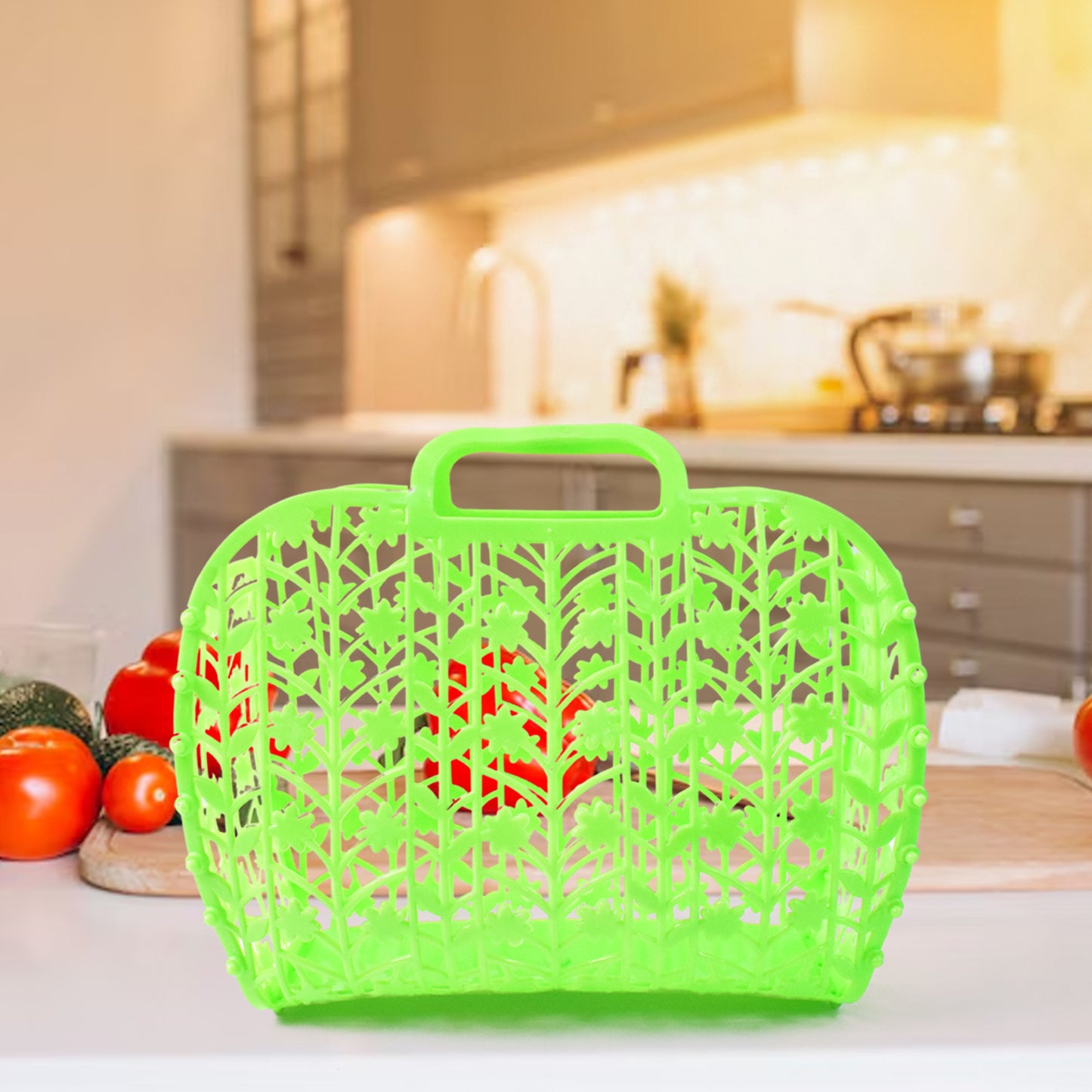 Set of three multicolor plastic foldable storage baskets for fruits and vegetables by Wukusy, ideal for home kitchen organization.
