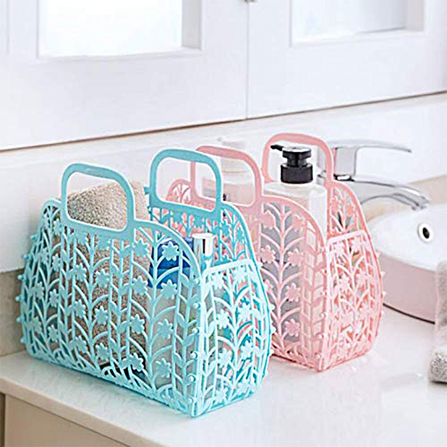 Wukusy plastic foldable storage baskets for fruits and vegetables, multicolor 3-piece set for home and kitchen organization.