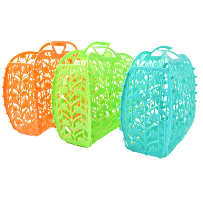 Set of three multicolor plastic foldable storage baskets for fruits and vegetables by Wukusy, perfect for home and kitchen organization.