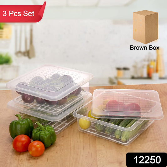 Set of three Wukusy plastic food storage containers with removable drain tray and lids for kitchen organization.