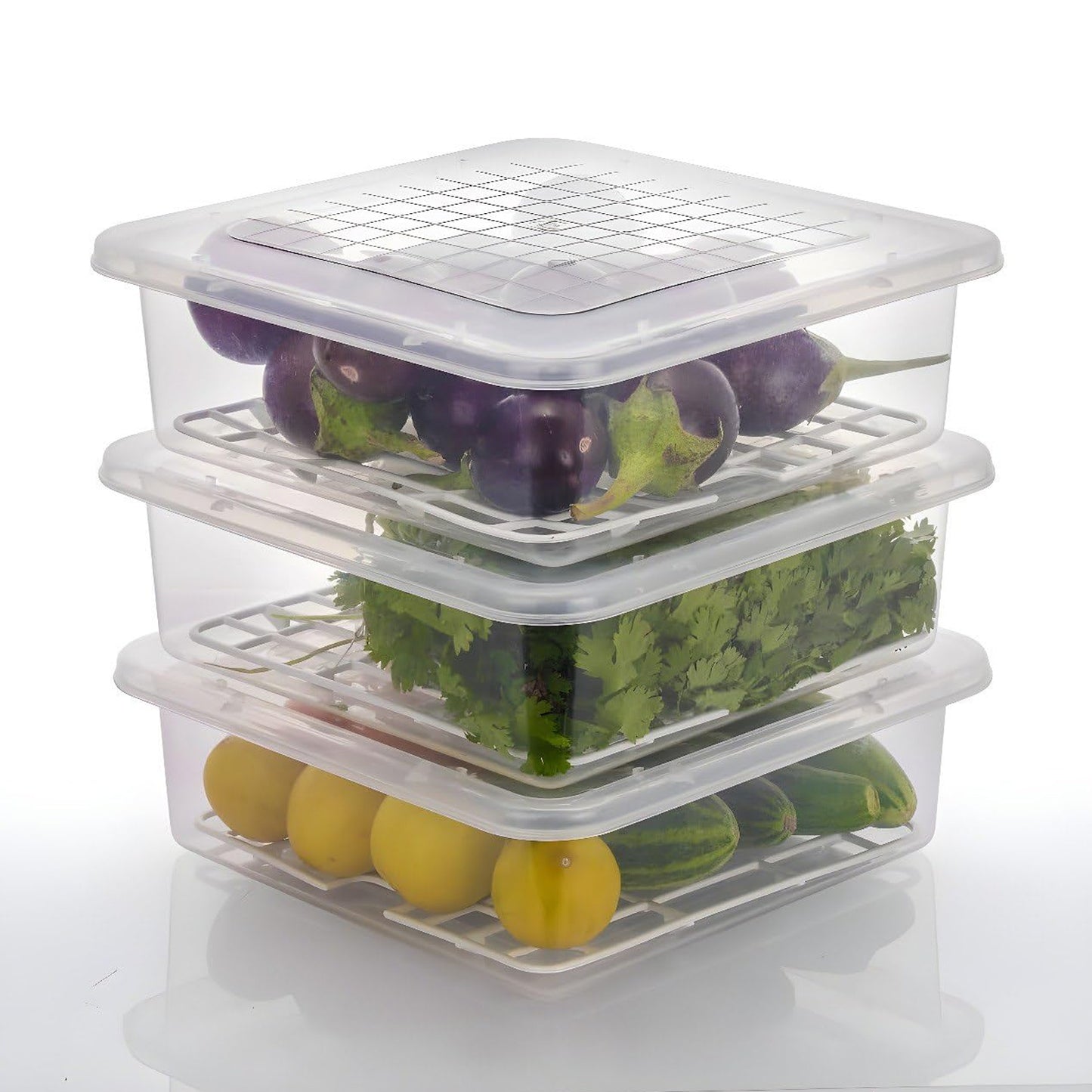 Set of three Wukusy plastic food storage containers with removable drain trays and lids for kitchen organization.