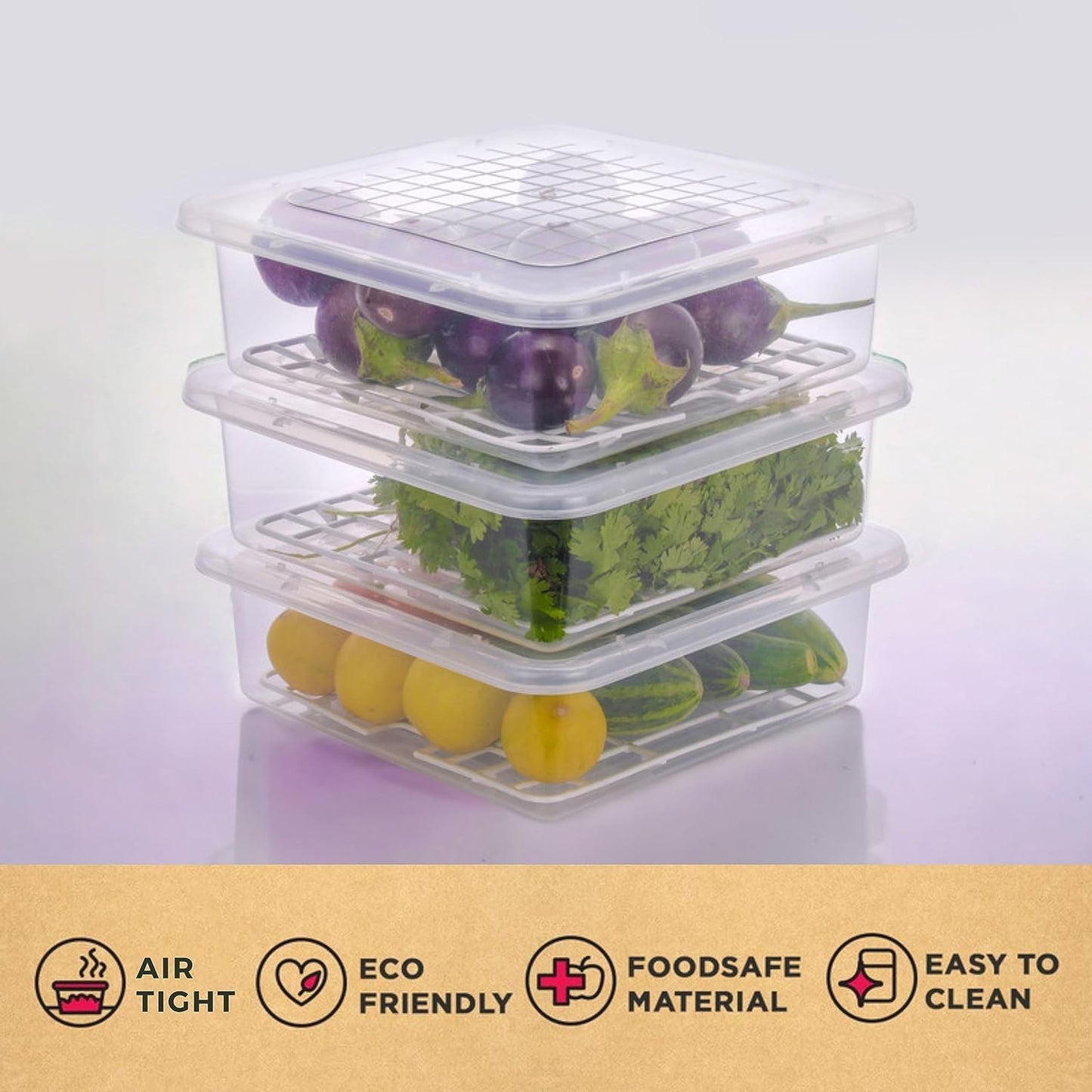 Set of three Wukusy plastic food storage containers with removable drain trays and lids for organized kitchen storage.
