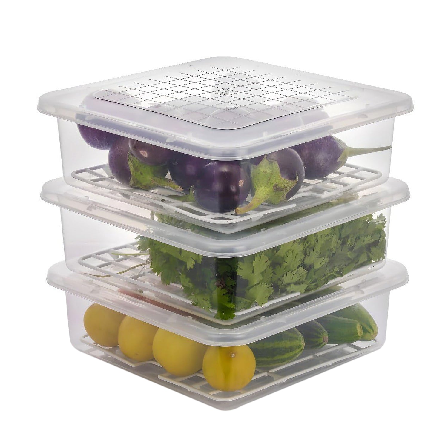 Set of three Wukusy plastic food storage containers with removable drain trays and lids, ideal for kitchen organization.