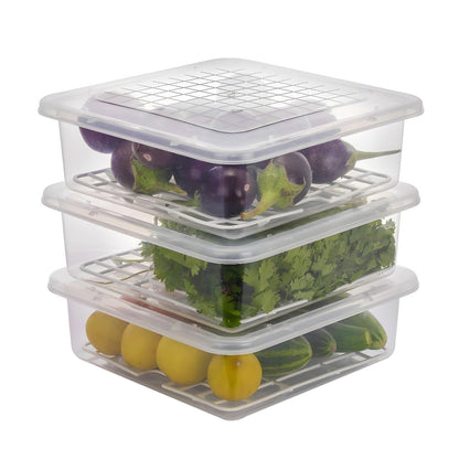 Set of three Wukusy plastic food storage containers with removable drain trays and lids, ideal for kitchen organization.