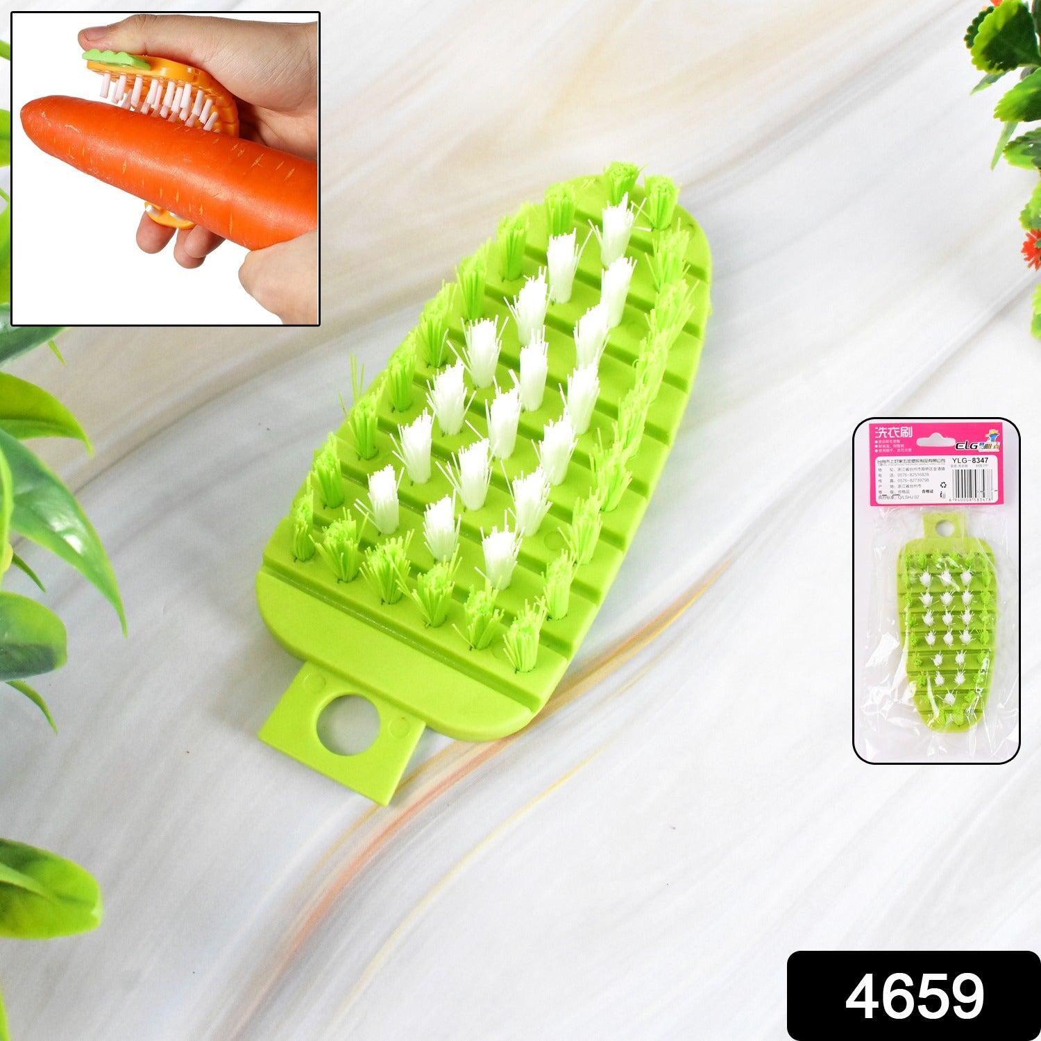 Wukusy plastic fruit and vegetable brush for kitchen cleaning, featuring a durable handle and bristles for effective washing.