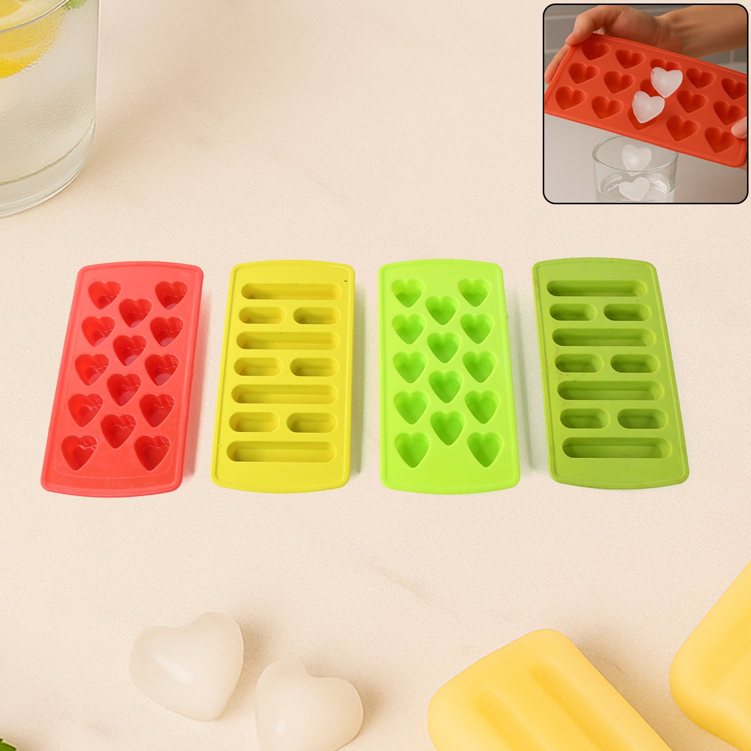 Wukusy plastic ice cube tray set with four flexible trays for making ice cubes in a home kitchen setting