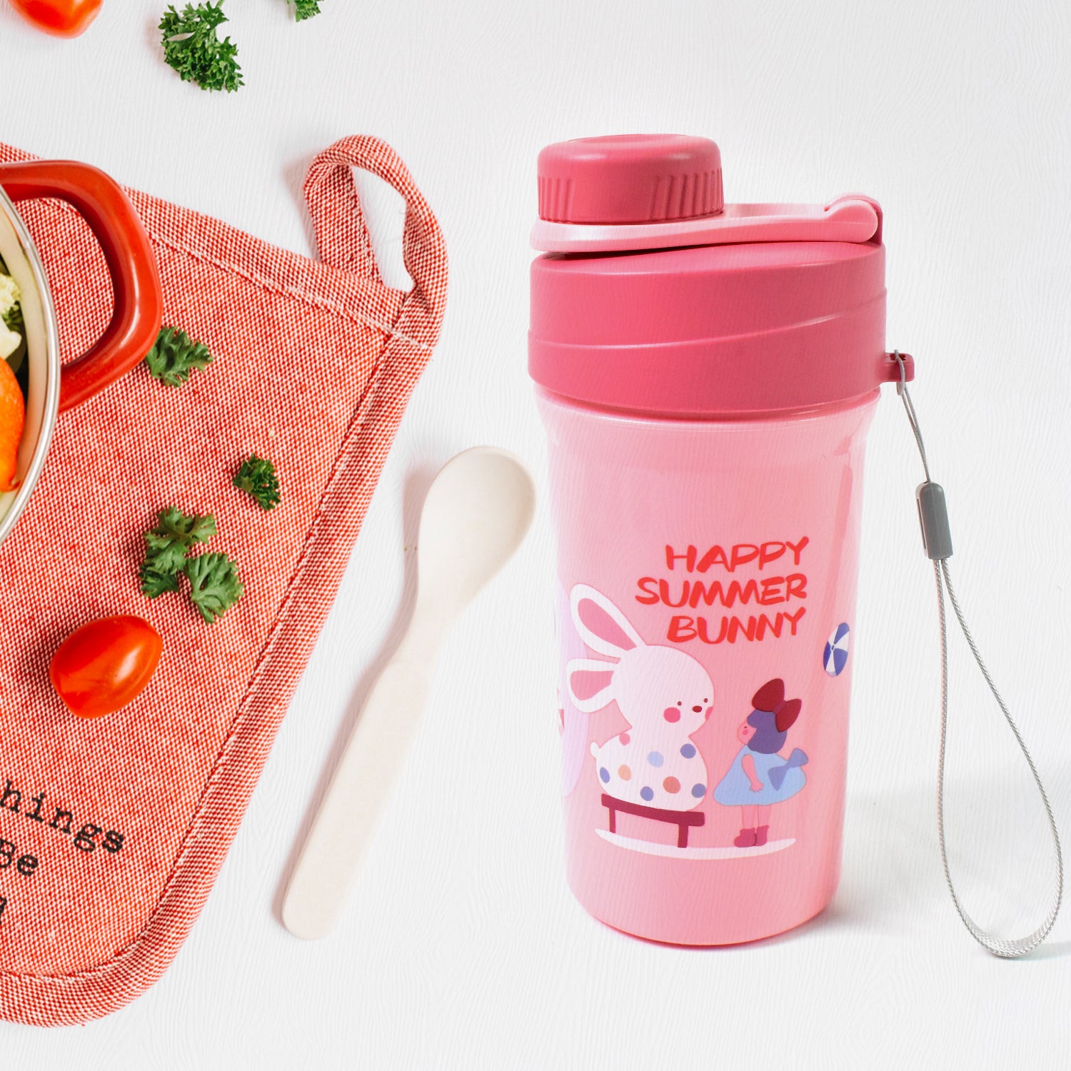 Wukusy plastic lunch box with two compartments, leak-proof design, included bottle and fork, colorful set for home and kitchen use.