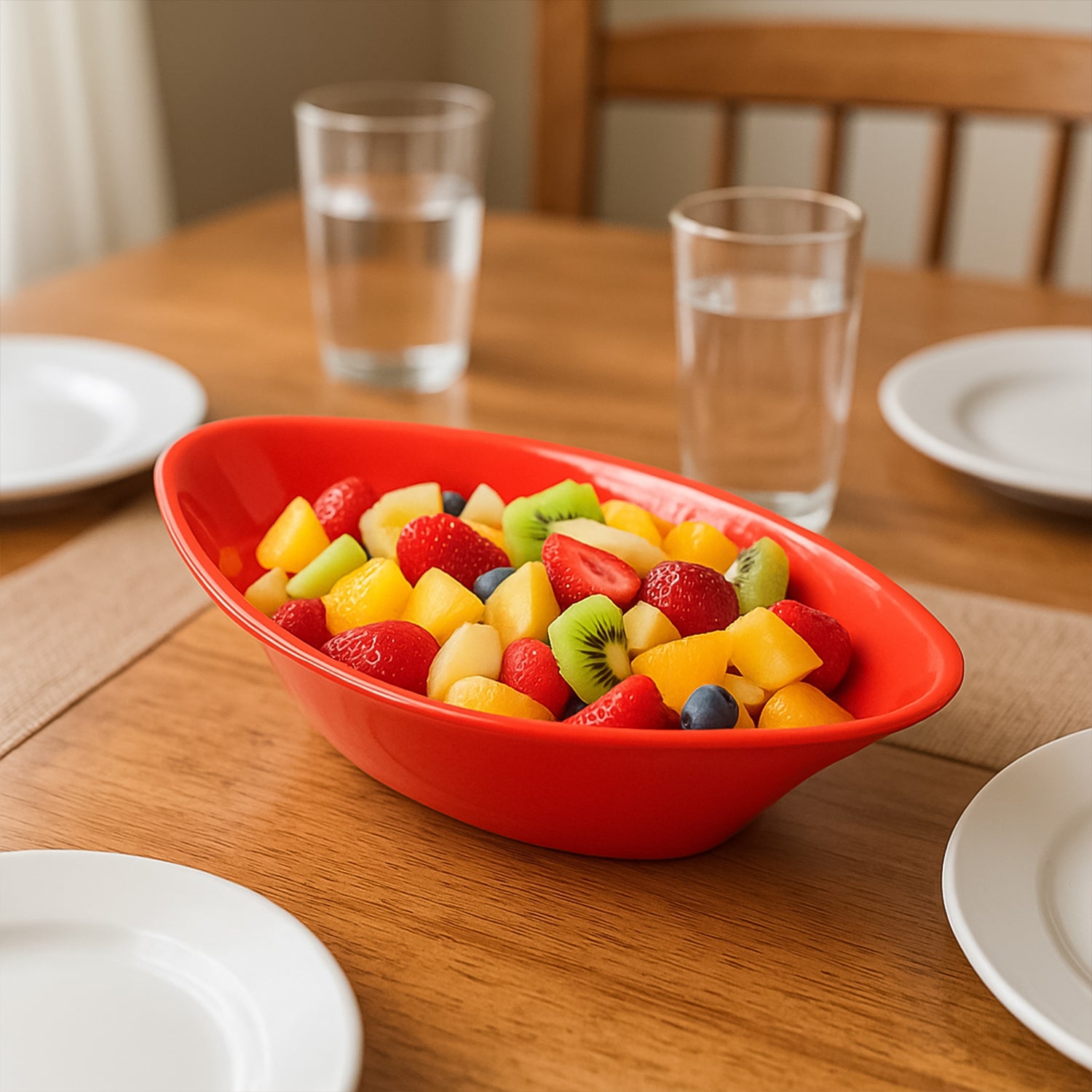 Wukusy plastic Marin serving bowl, elegant oval deep design in vibrant red, ideal for home and kitchen use.