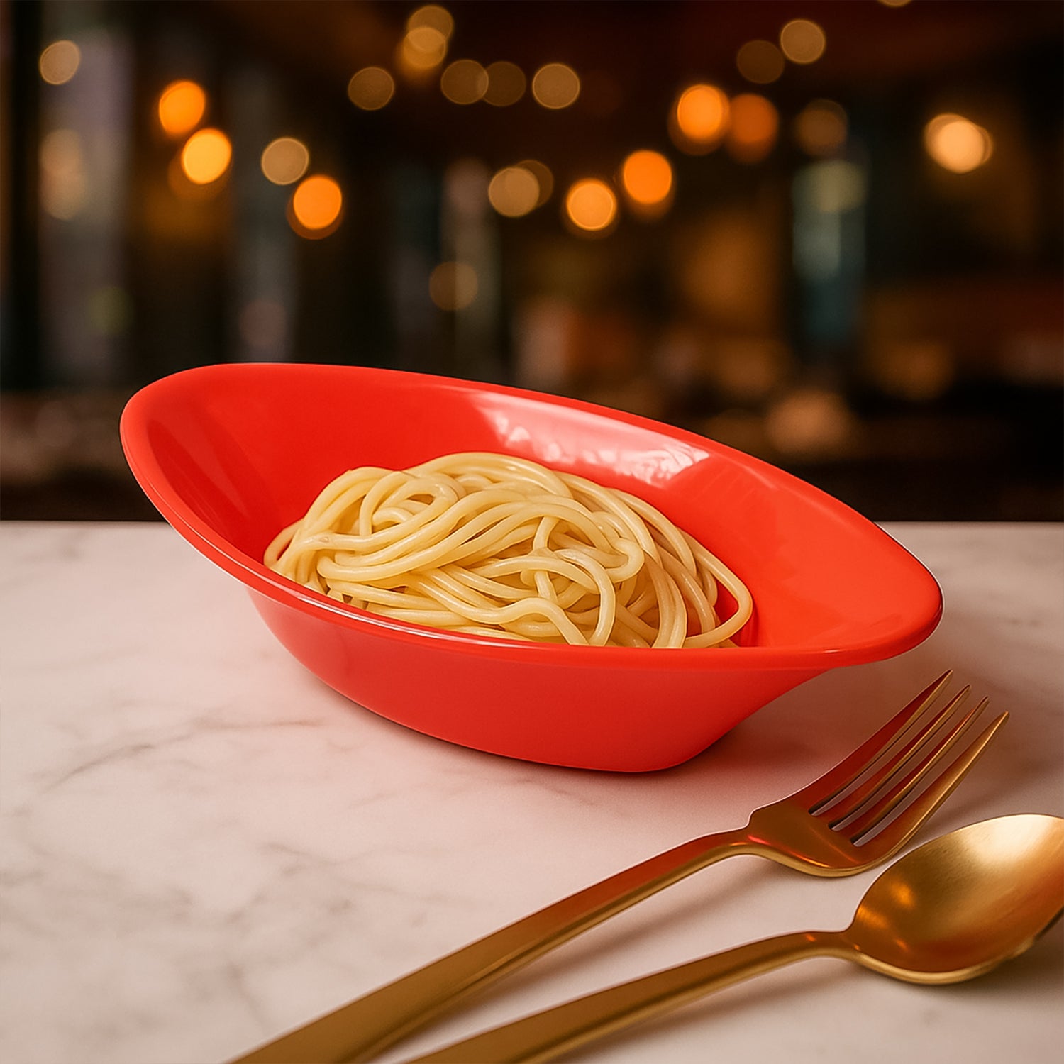 Red plastic Marin serving bowl by Wukusy, elegant oval deep bowl for home and kitchen use, perfect for serving salads or side dishes.