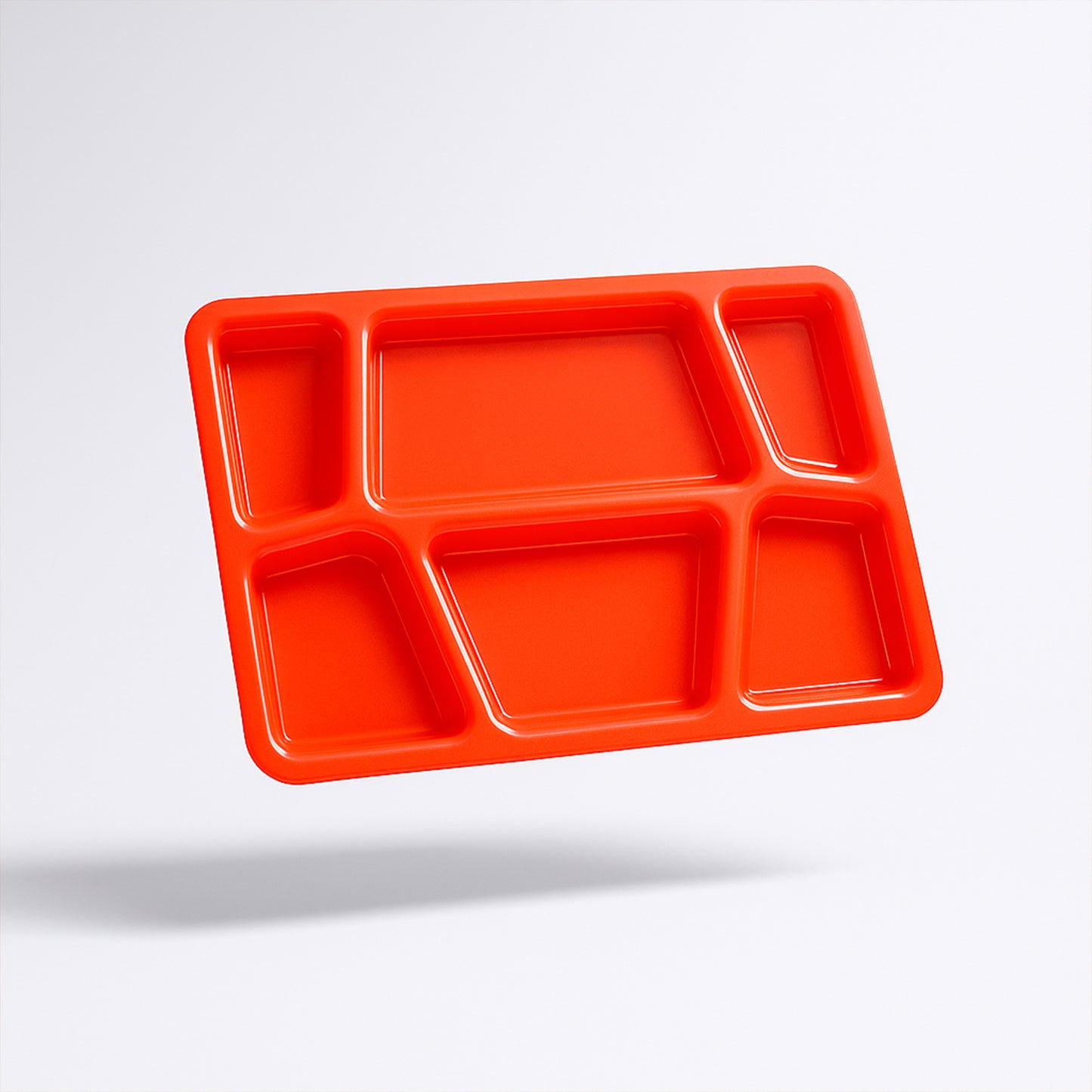 Red plastic multi-compartment rectangular meal serving tray from Wukusy, ideal for home and kitchen use.