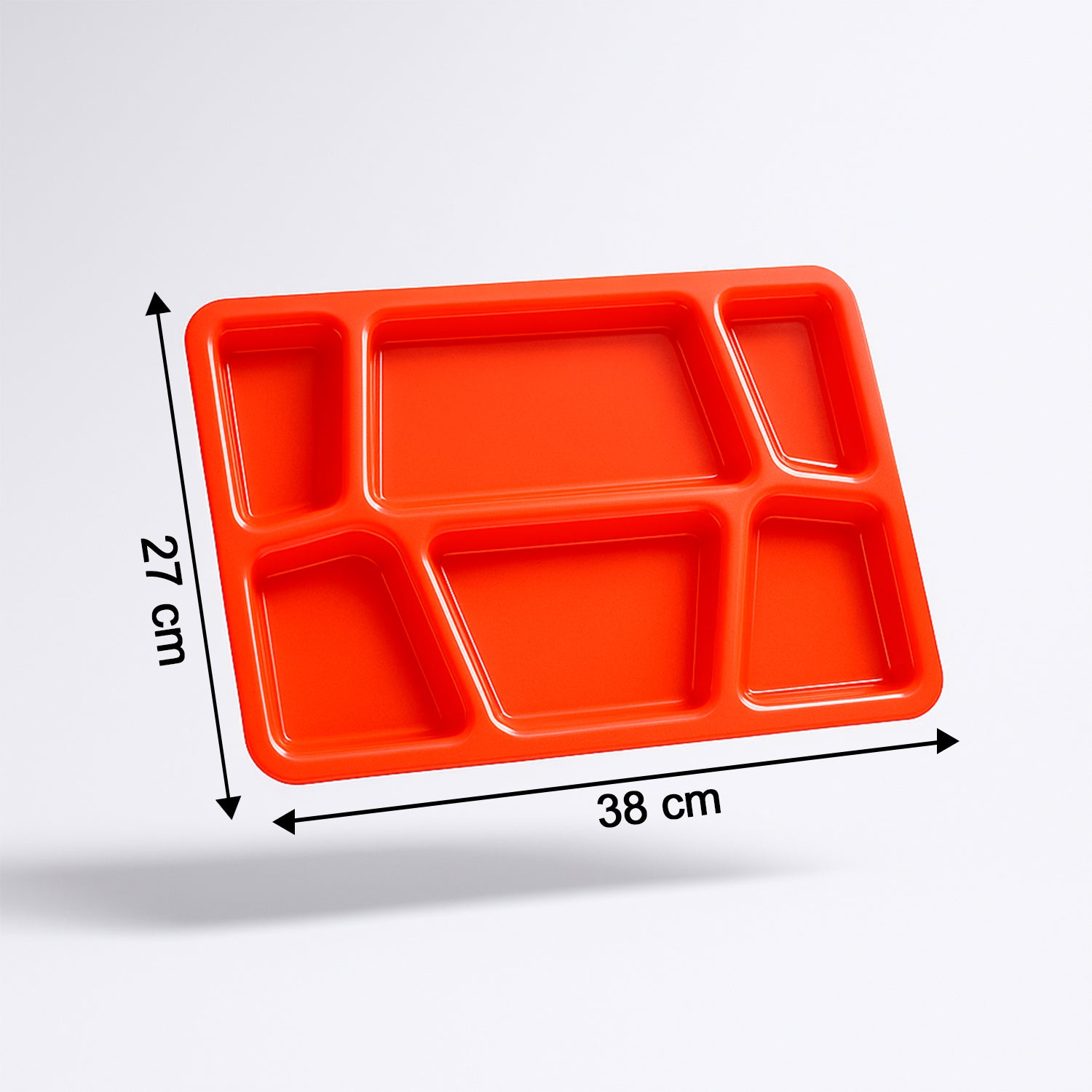 Red plastic multi-compartment rectangular meal serving tray from Wukusy, ideal for home and kitchen use.