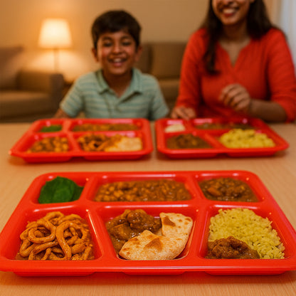 Red plastic multi-compartment rectangular meal serving tray by Wukusy, ideal for home and kitchen use.