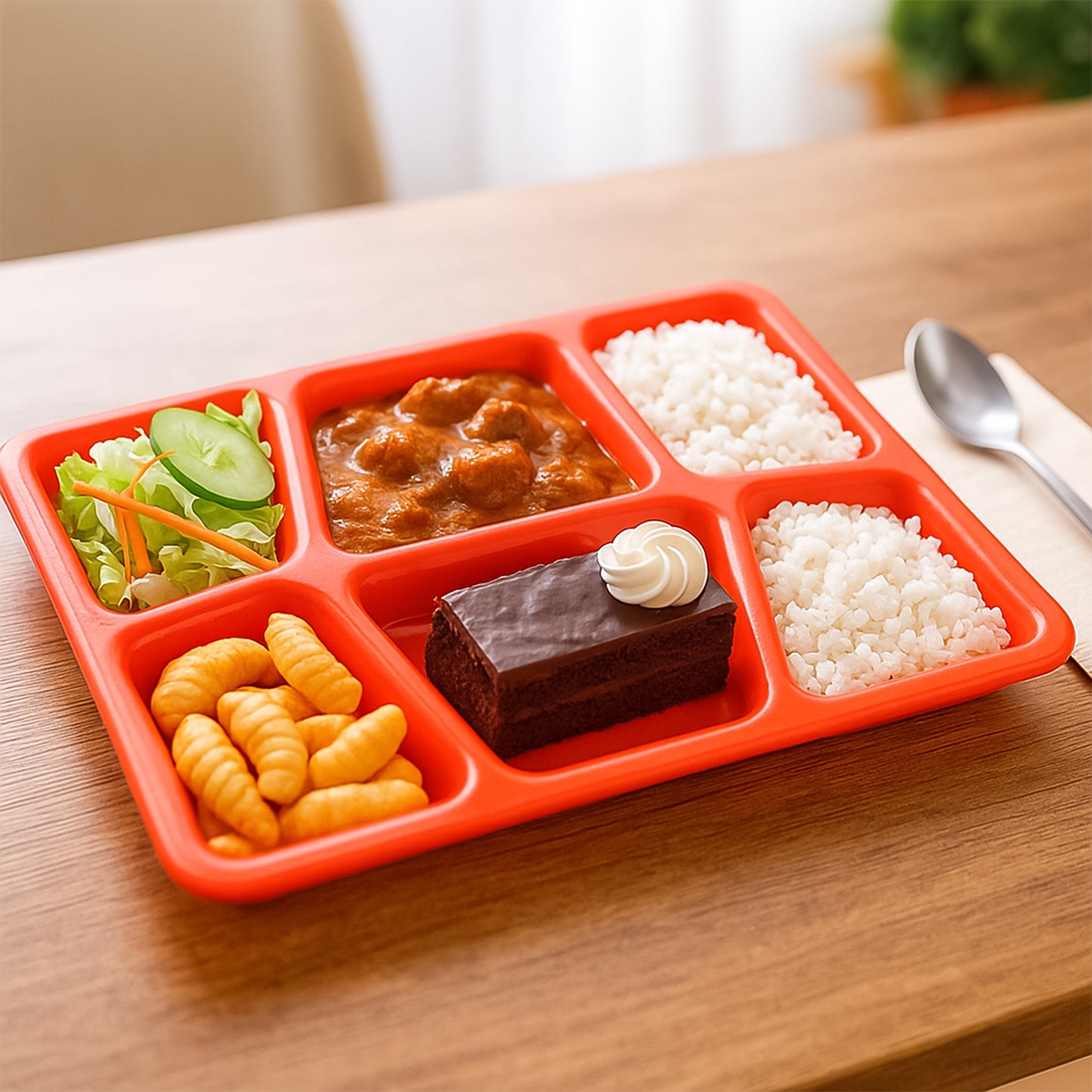 Red plastic multi-compartment rectangular meal serving tray from Wukusy, ideal for home and kitchen use.