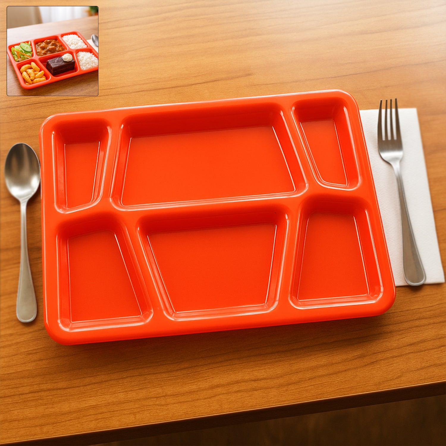 Red plastic multi-compartment rectangular meal serving tray from Wukusy, ideal for home kitchen use with separate sections.