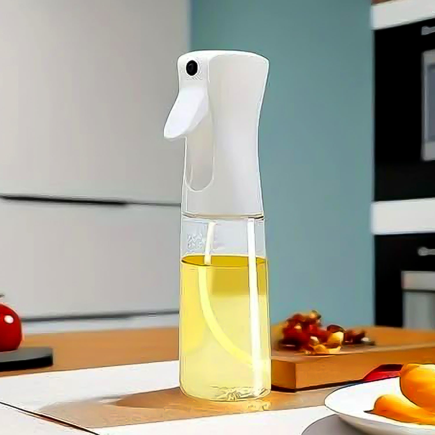 Wukusy plastic oil spray bottle, 250ml capacity, versatile kitchen gadget with white box, used for cooking and oil distribution.