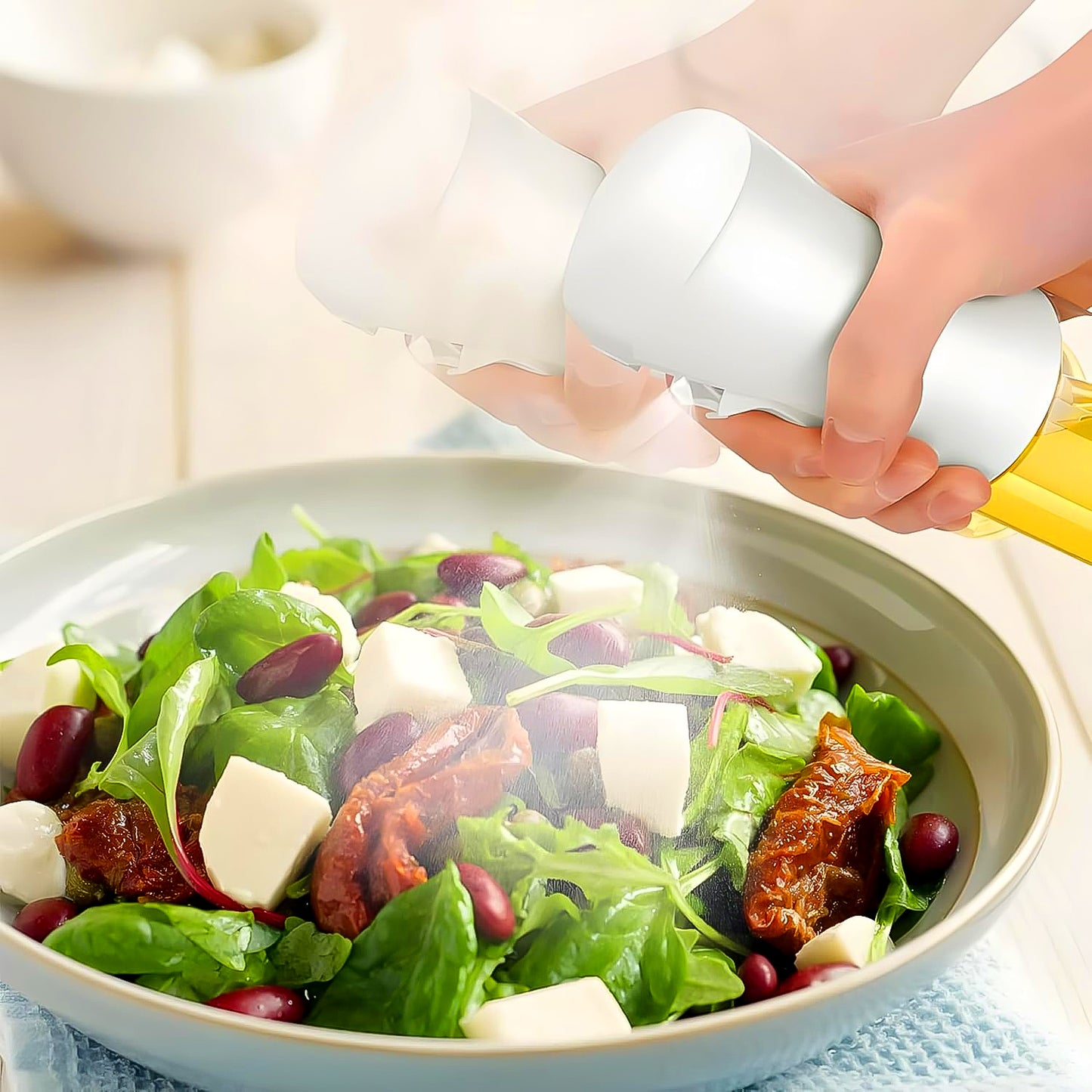 Wukusy plastic oil spray bottle for kitchen, 250 ml capacity, shown with white box, versatile kitchen gadget for cooking and baking.
