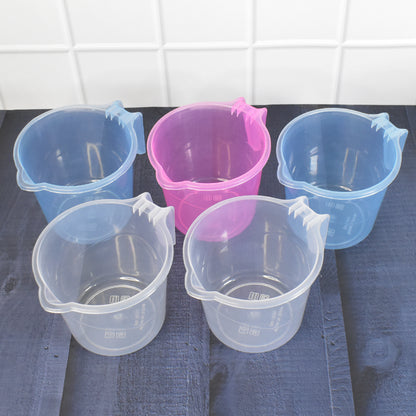 Set of 5 transparent plastic round bath water mugs in mixed colors, 1200 ml capacity, ideal for home and kitchen use.