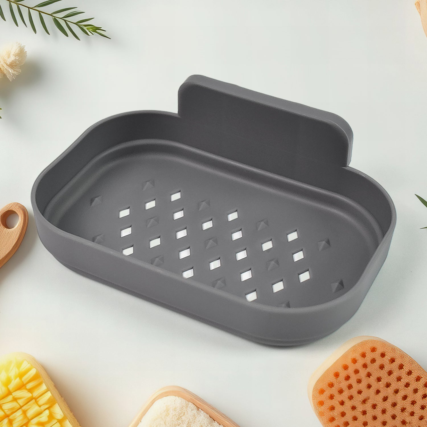 Wall-mounted plastic soap dish holder from Wukusy for bathroom shower, with self-adhesive design and durable construction.