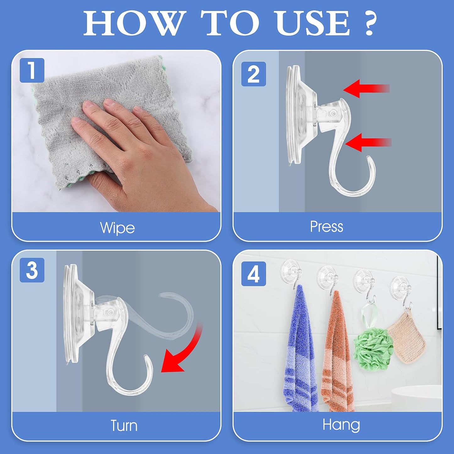 Set of 10 Wukusy plastic suction cup hooks for home and kitchen, showing hooks attached to a smooth surface for hanging items.