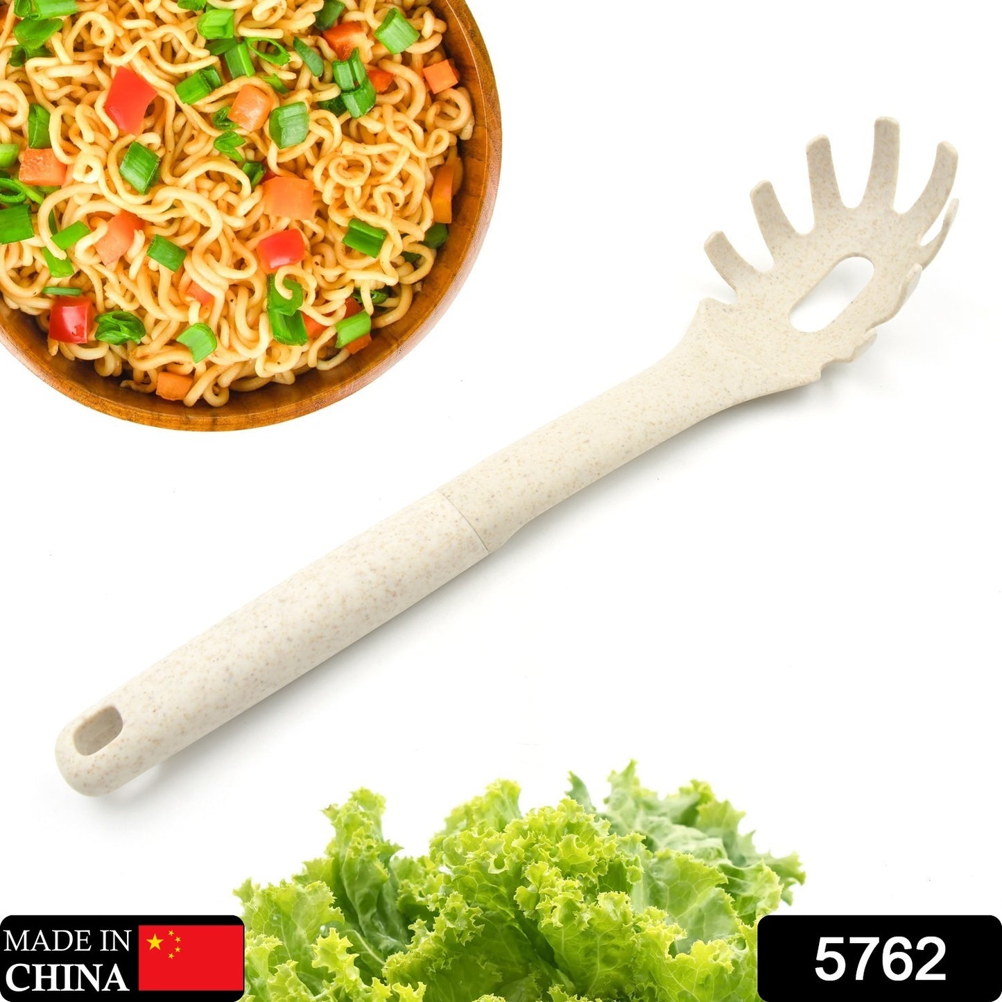 Wukusy plastic kitchen accessories set including whisk, pasta spoon, and soup spoon, heat-resistant and non-stick for cooking.