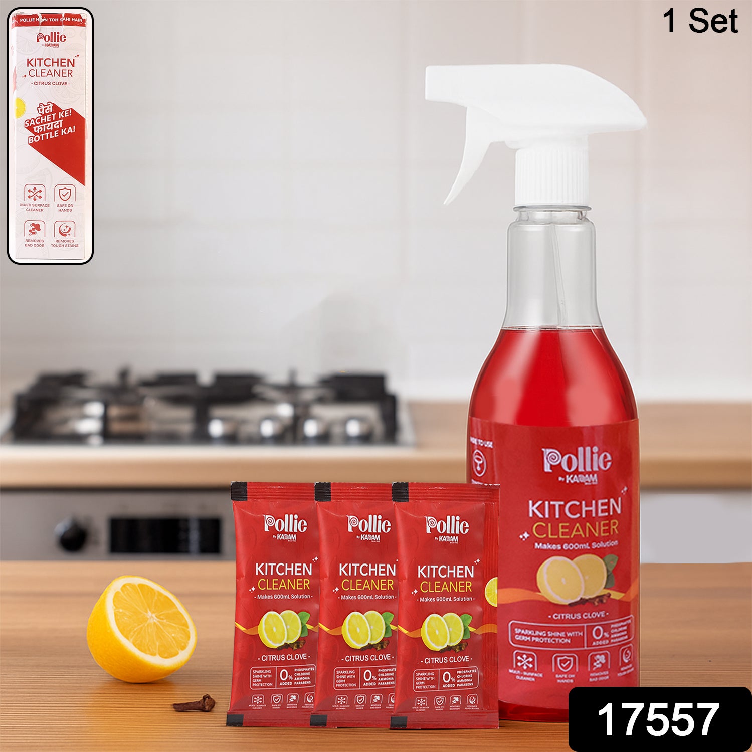 Wukusy Pollic Kadam concentrated kitchen surface cleaner refill kit with spray bottle for home and kitchen use.